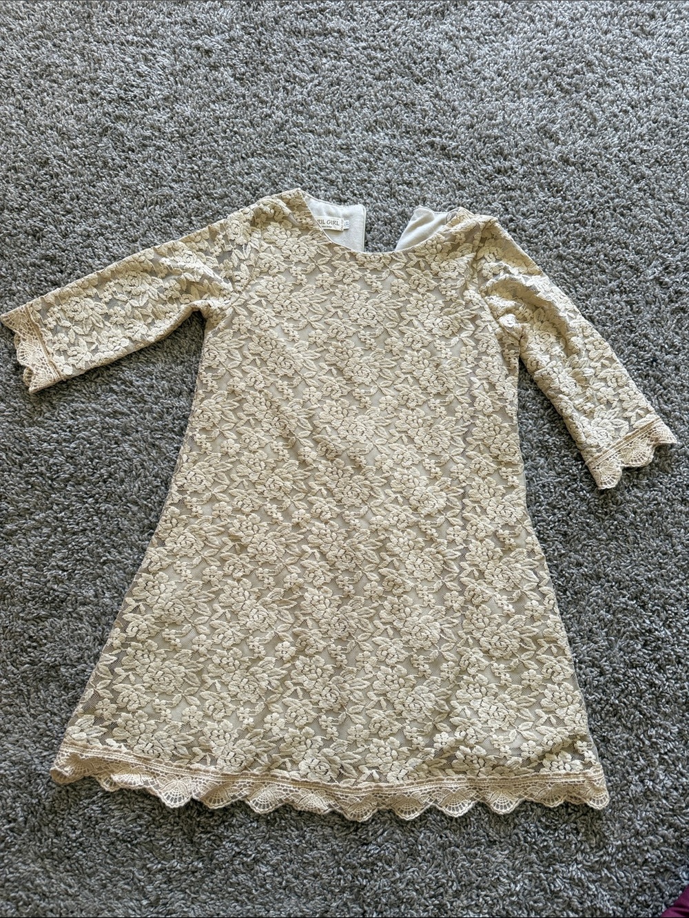 April Girl- Girls Cream Lace Dress with Scalloped Hem